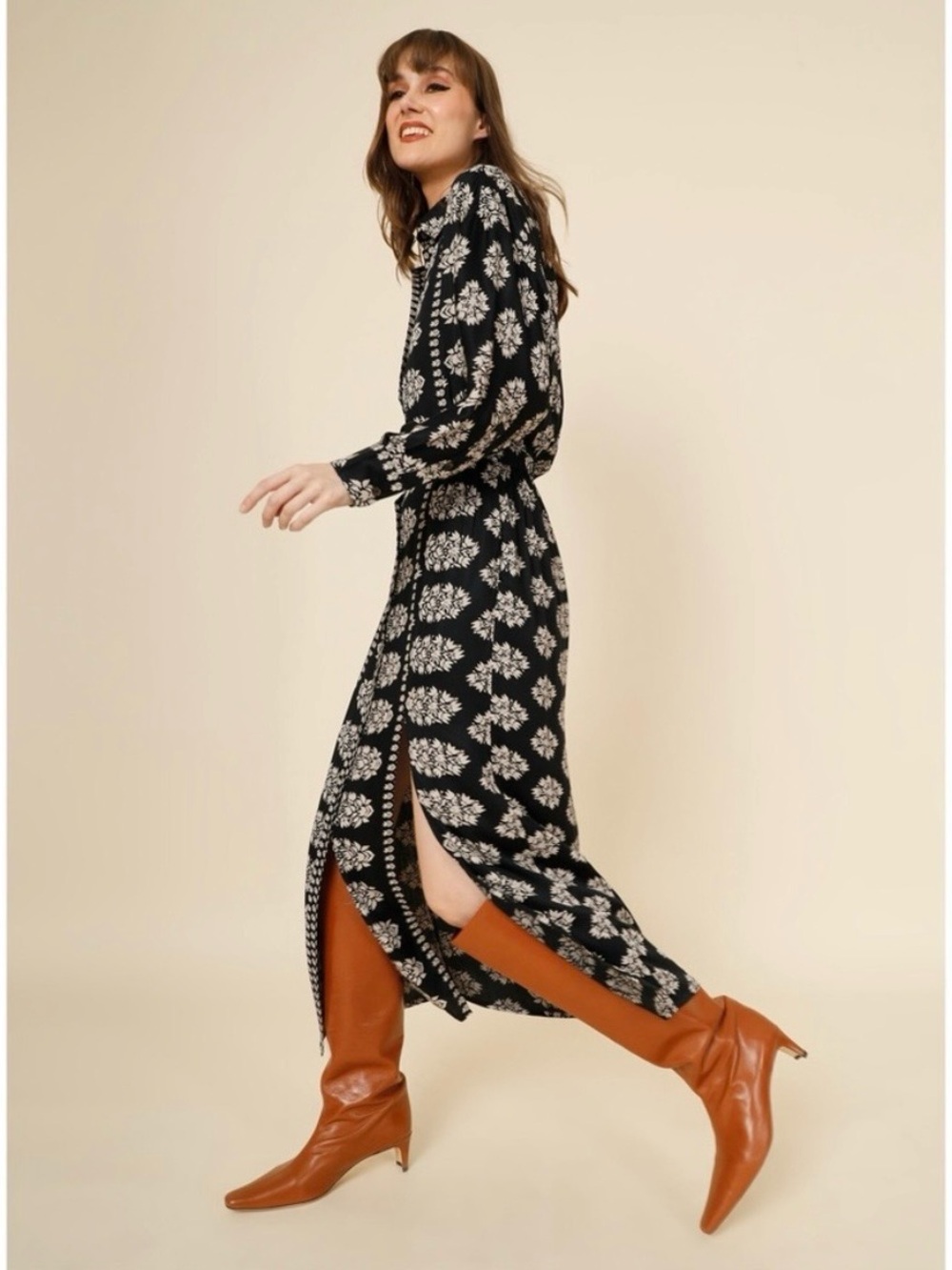 ANTHROPOLOGIE- Omika Simone Long-Sleeve Button-Front Maxi Dress Black Size S